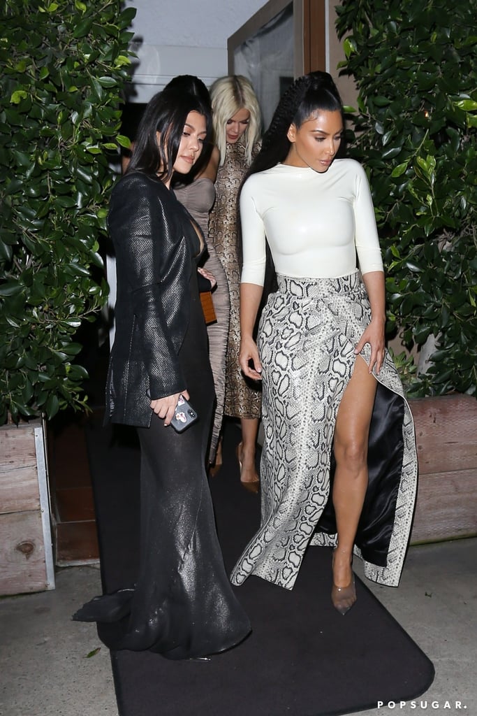 Kim Kardashian Snakeskin Skirt With Sisters Out to Dinner