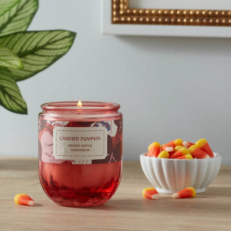 A Beautiful Jar: Opalhouse Lidded Glass/Metal Ribbed Base Jewel Orange Candied Pumpkin Candle