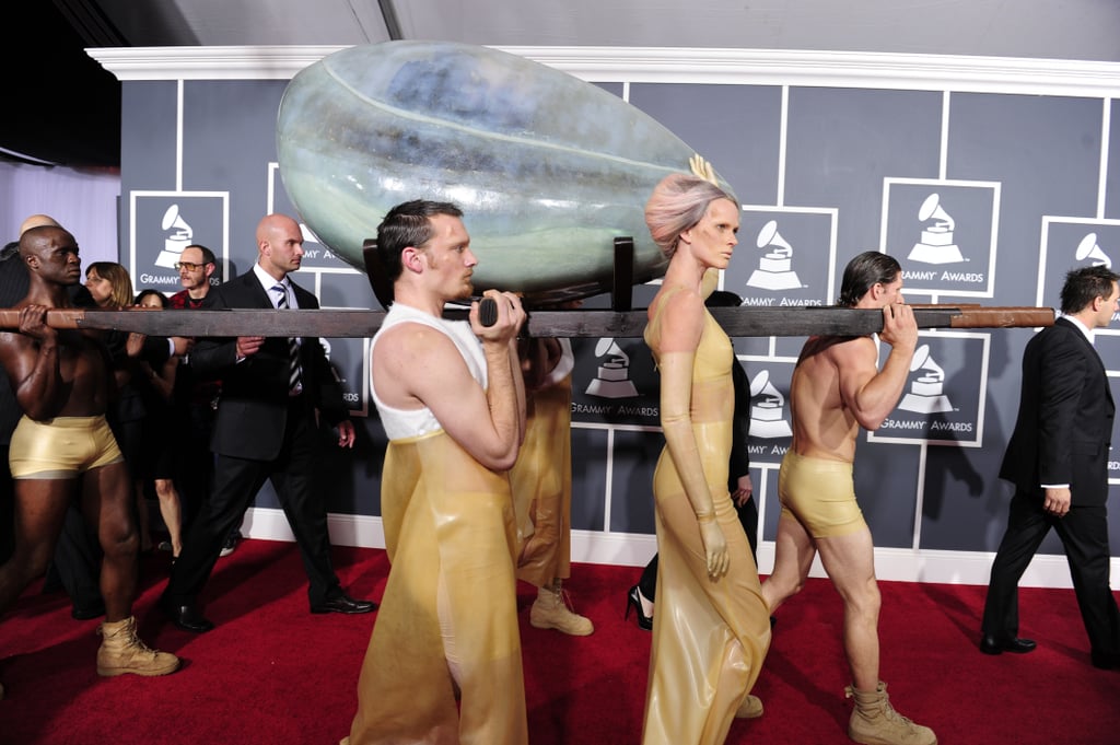 It was the entrance seen round the globe — Lady Gaga arrived on the red carpet in an egg and then "hatched" on stage during her opening performance in 2011.