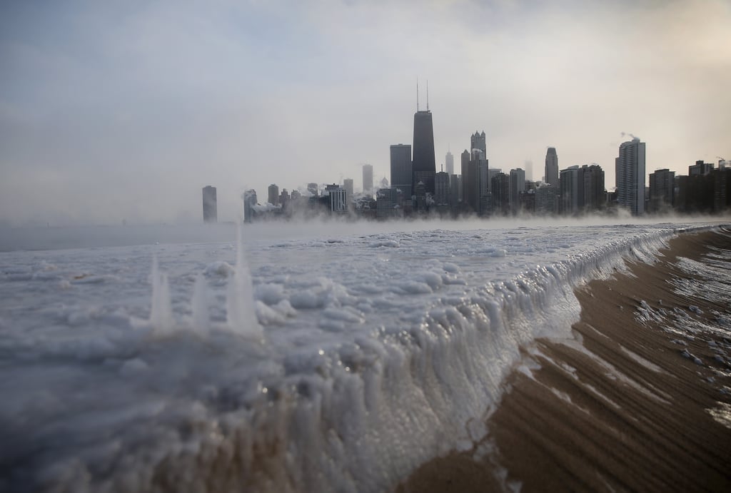 Ice built up along North Avenue Beach in Chicago.