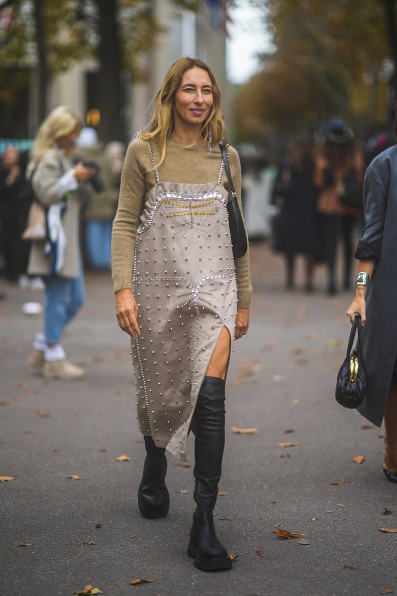 Wear a Slip Midi Over a Cashmere Sweater and Tall Boots For Practical Style