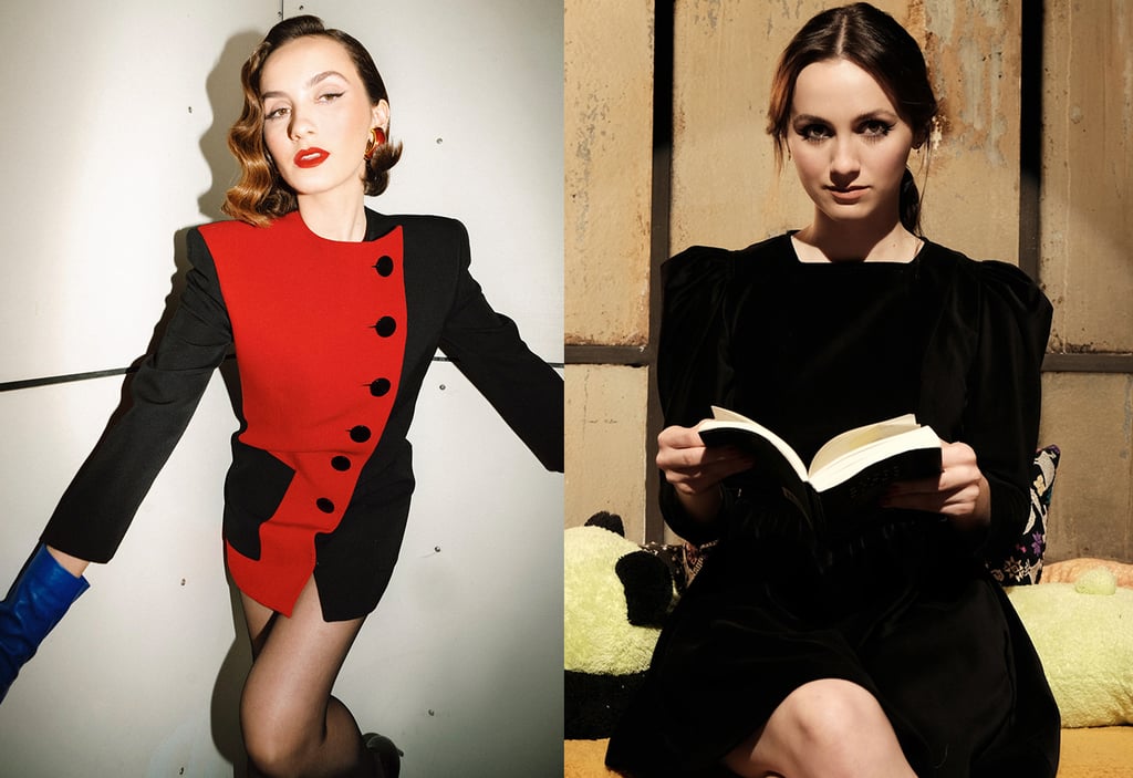 Left: Maude Apatow styled by Mimi Cuttrell in Saint Laurent by Anthony Vaccarello
for a photo shoot with Cibelle Levi. Right: Lexi Howard wears a Batsheva prairie dress and Yam NYC silver heart earrings on "Euphoria."