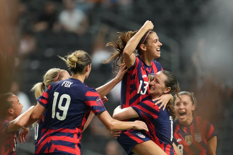 MONTERREY, MEXICO - JULY 18: Alex Morgan #13 of the United States celebrates scoring with teammates during a Concacaf W Championship game between Canada and USWNT at Estadio BBVA on July 18, 2022 in Monterrey, Mexico. (Photo by Brad Smith/ISI Photos/Getty