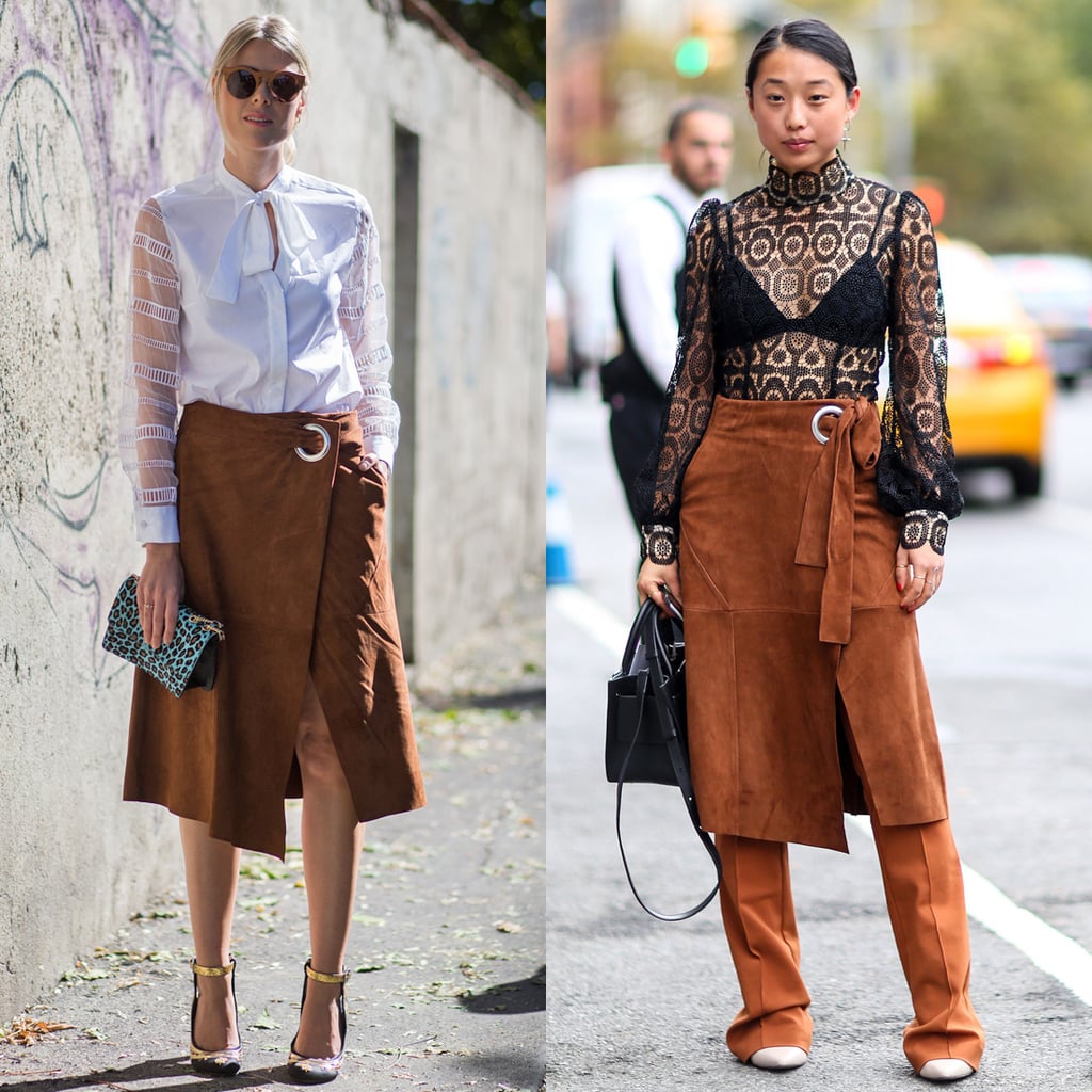 Sofie Valkiers wasn't the only one who fell for Tibi's Fall-perfect suede skirt. Margaret Zhang wrapped and layered hers over coordinating trousers.
