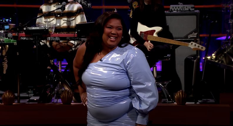 Lizzo Wears Blue 1-Shoulder Latex Dress on James Corden | PS Fashion