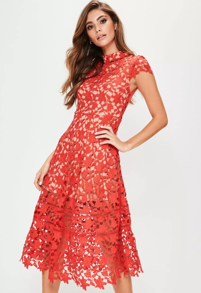 Missguided Red Short Sleeve Lace Midi Skater Dress