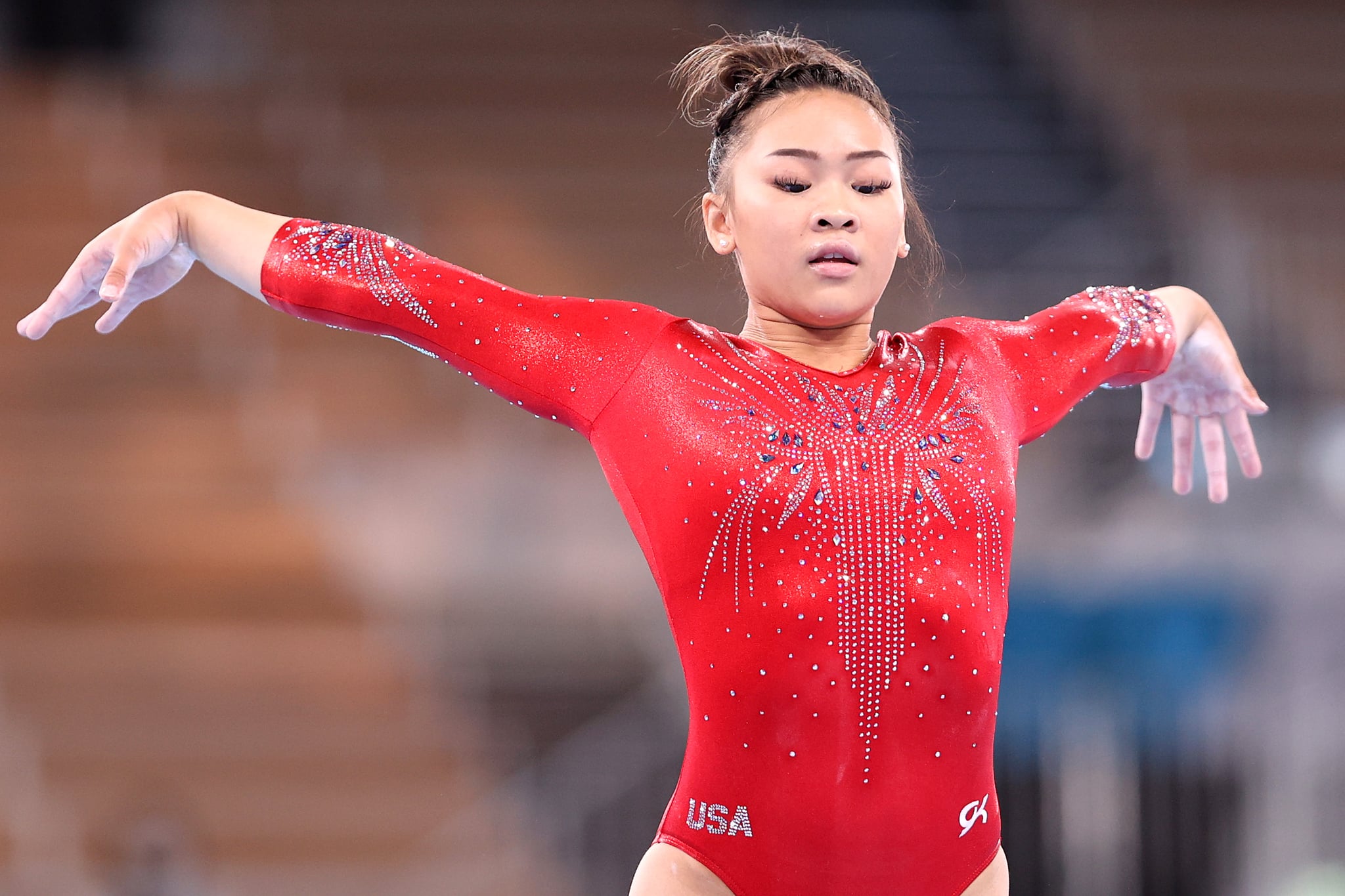 TOKYO, JAPAN - AUGUST 03: Sunisa Lee of Team United States competes during the Women's Balance Beam Final on day eleven of the Tokyo 2020 Olympic Games at Ariake Gymnastics Centre on August 03, 2021 in Tokyo, Japan. (Photo by Elsa/Getty Images)
