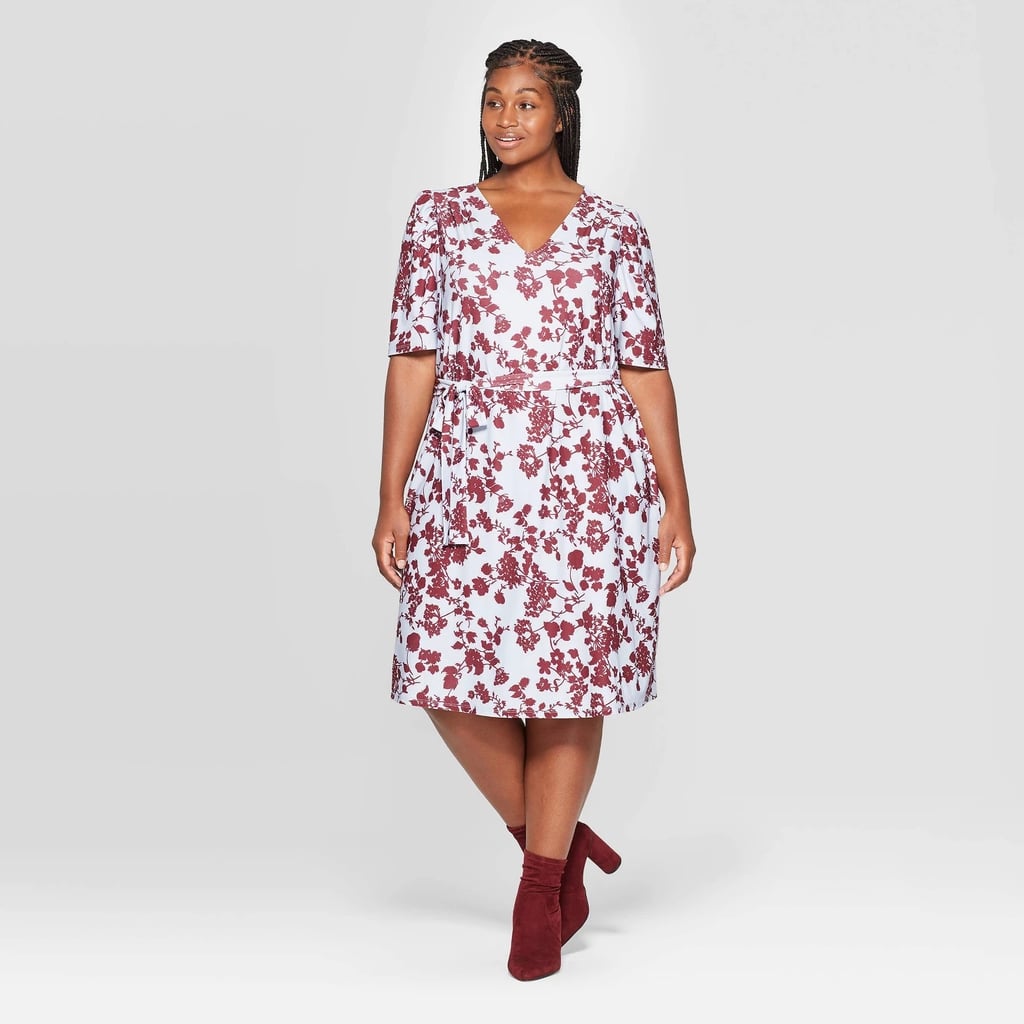 Ava & Viv Plus Size Floral Print Puff Short Sleeve V-Neck Knitted Mini Dress