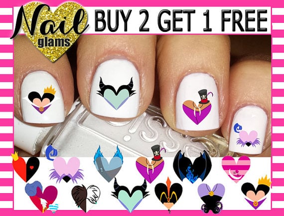 60 Nail Decals - Mickey Minnie Head Ears - Disney Villains Heart - Valentines Day - Disney Nail Art ($6)