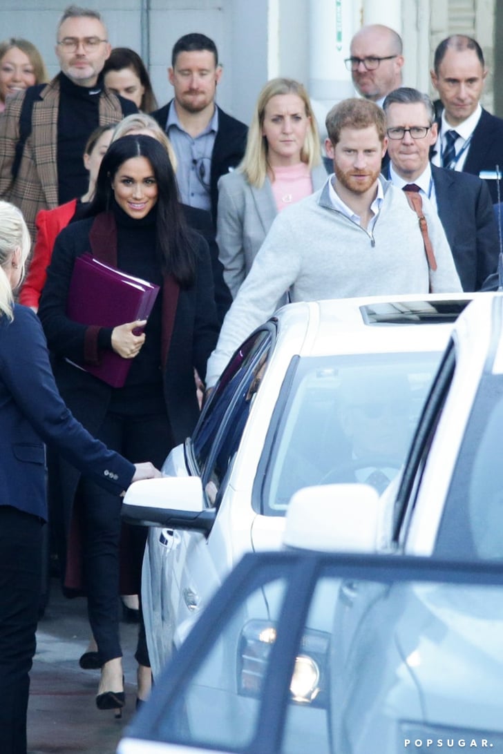 Meghan Markle's Black Coat With Maroon Trim October 2018