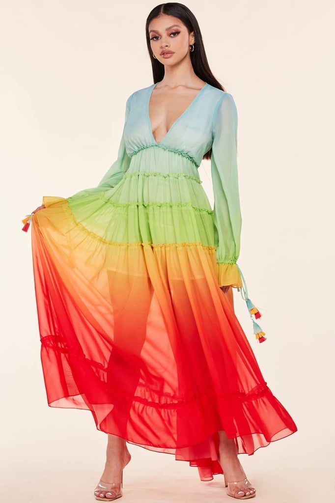 Mireille Ophelia Rainbow Dress -Women's Long Sleeve Vacay Paradise Gradient V-Neck Maxi Dress