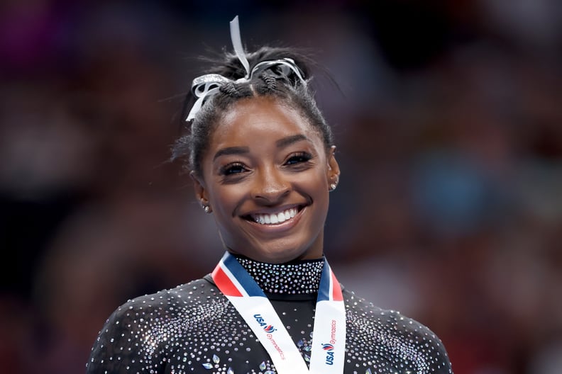 SAN JOSE, CALIFORNIA - AUGUST 27: Simone Biles celebrates after placing first in the floor exercise competition on day four of the 2023 U.S. Gymnastics Championships at SAP Center on August 27, 2023 in San Jose, California. (Photo by Ezra Shaw/Getty Image