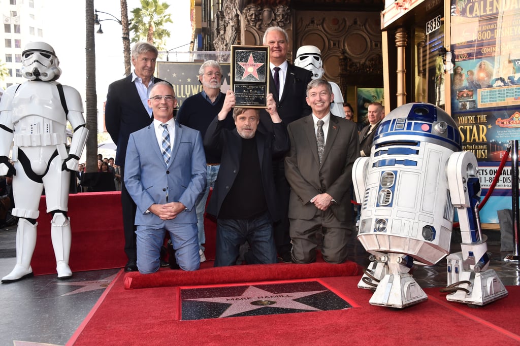 Pictured: Harrison Ford, George Lucas, Hollywood Chamber of Commerce Chair of the Board Jeff Zarrinnam, LA City Councilman Mitch O'Farrell, Mark Hamill, and Hollywood Chamber of Commerce President and CEO Leron Guble.