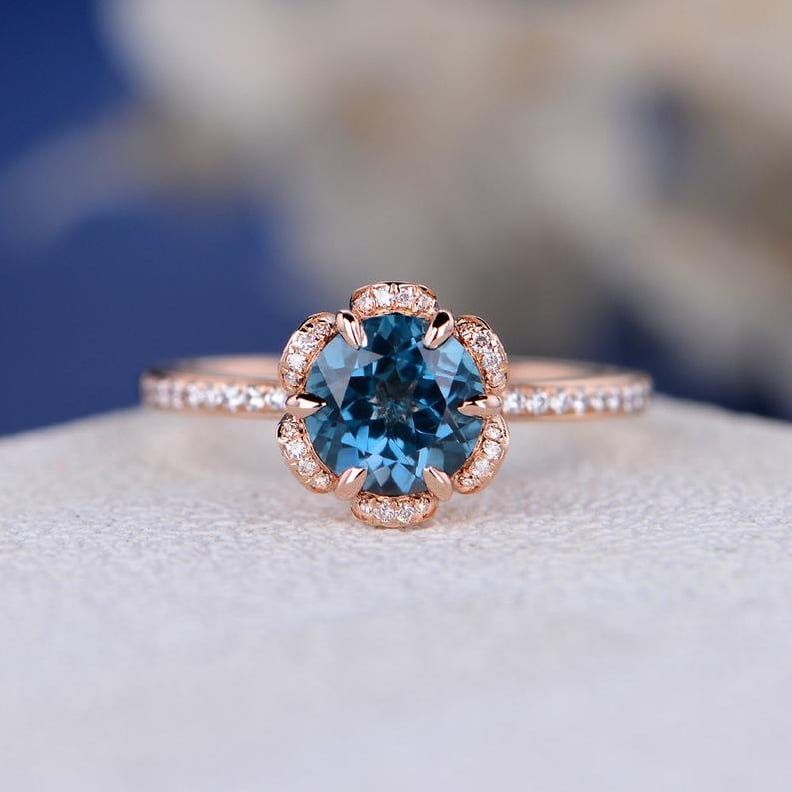 Unique London Blue Topaz Vintage-Inspired Rose Gold Engagement Ring