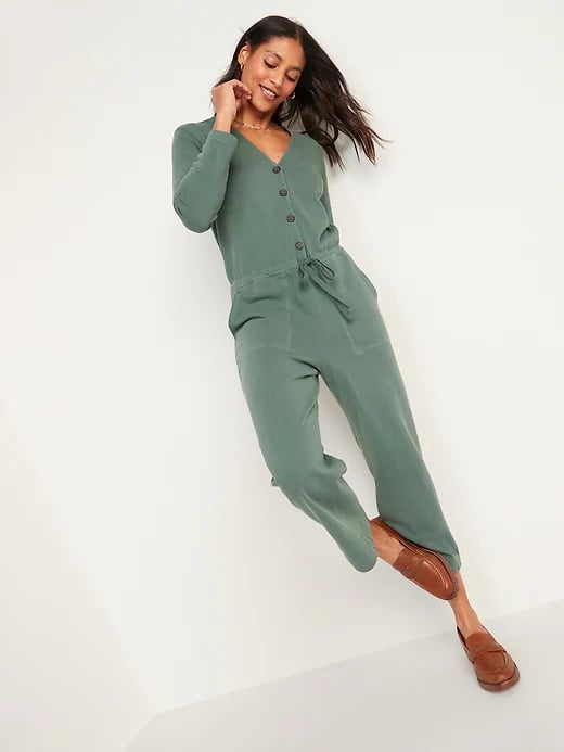 Old Navy Long-Sleeve Cropped French-Terry Utility Jumpsuit in Dark Bottle