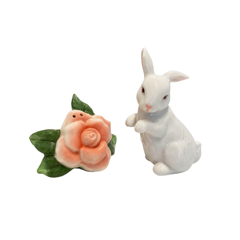 Rabbit With Rose Salt and Pepper Shakers