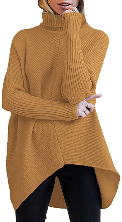 Anrabess Turtleneck Batwing-Sleeve Asymmetric Hem Sweater