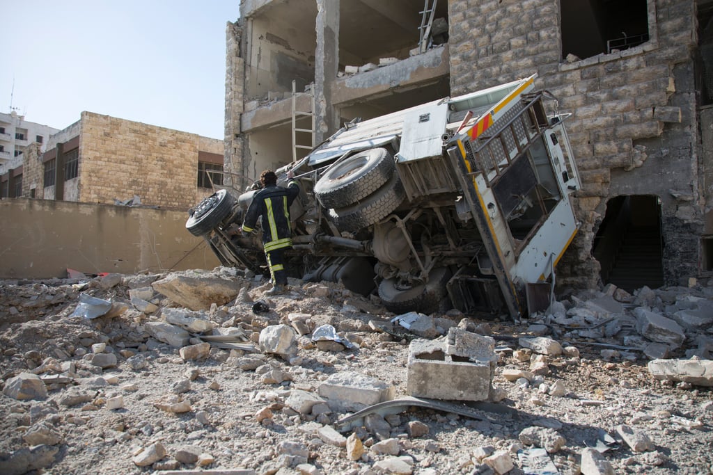 The aftermath of an airstrike on a rebel-held neighborhood in Aleppo.