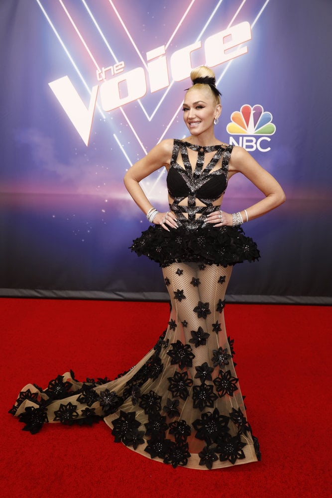 Gwen Stefani's Black Net Charbel Zoe Dress on The Voice