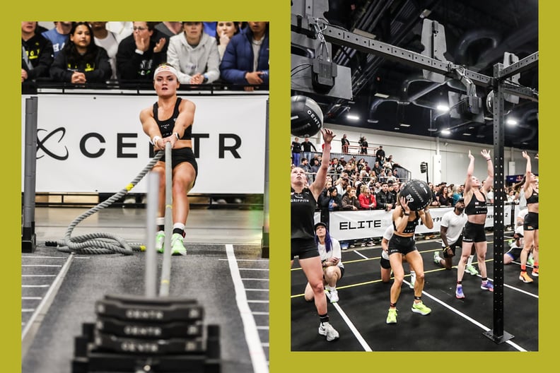 Women pulling sleds and throwing medicine balls at Hyrox competition.
