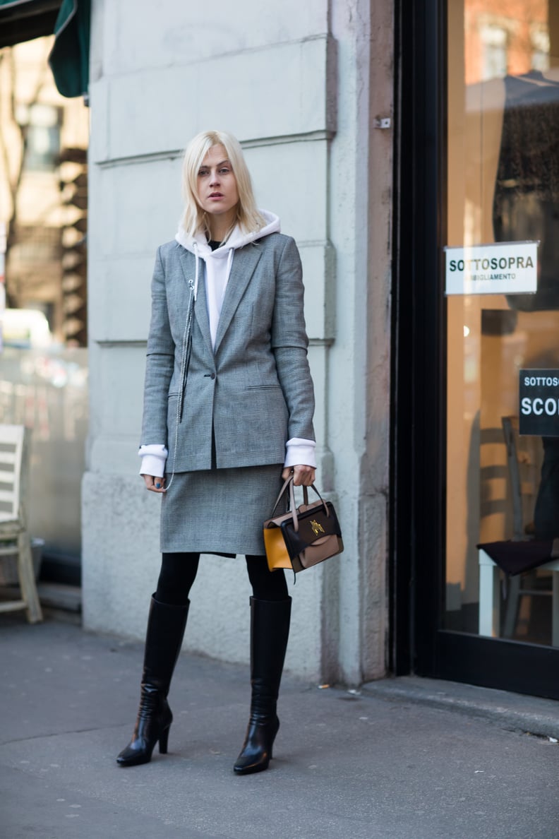 College-Sweatshirt Outfit: Let It Peek Out From a Sophisticated Skirt Suit