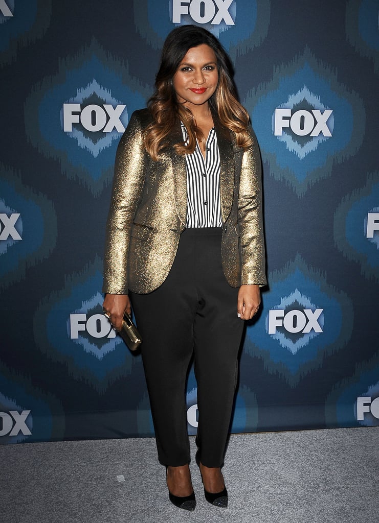 Kaling mixed up menswear in a metallic Smythe blazer, striped button-down by The Kooples, and Zero + Maria Cornejo trousers at the Fox Winter TCA All-Star party in 2015.