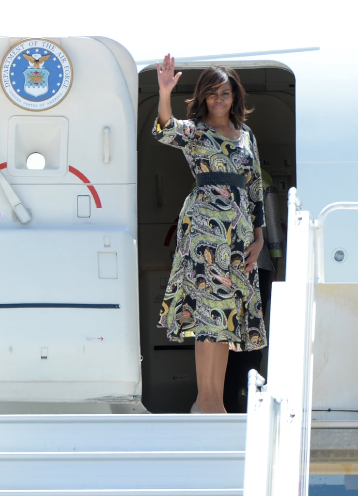 For her farewell, the FLOTUS stayed on theme in a floral print sheath.