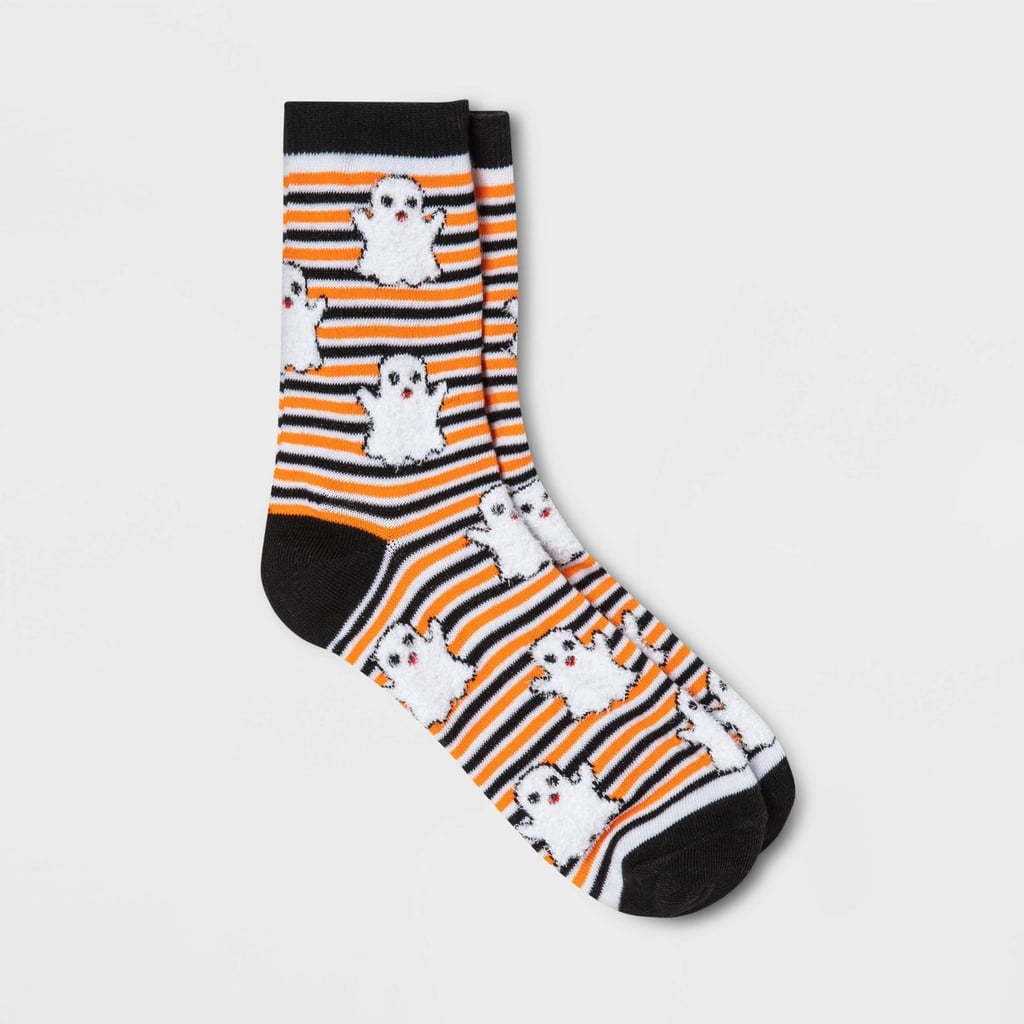 Fuzzy Ghost Striped Halloween Crew Socks