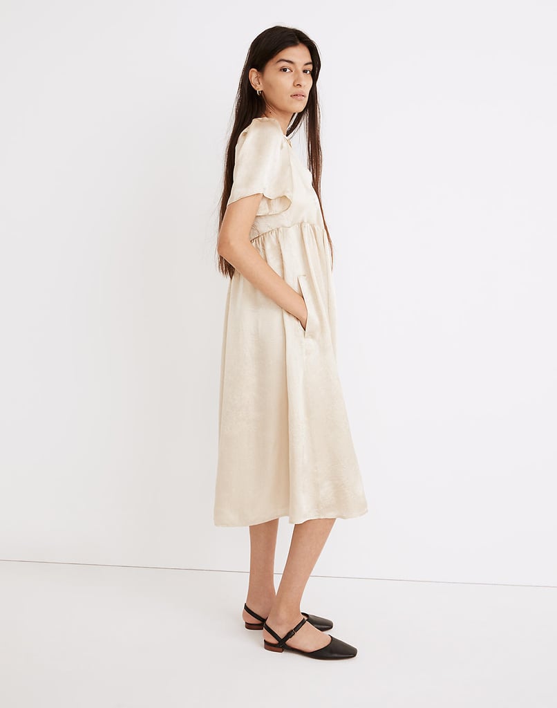 A Neutral Choice: Button-Front Puff-Sleeve V-Neck Midi Dress