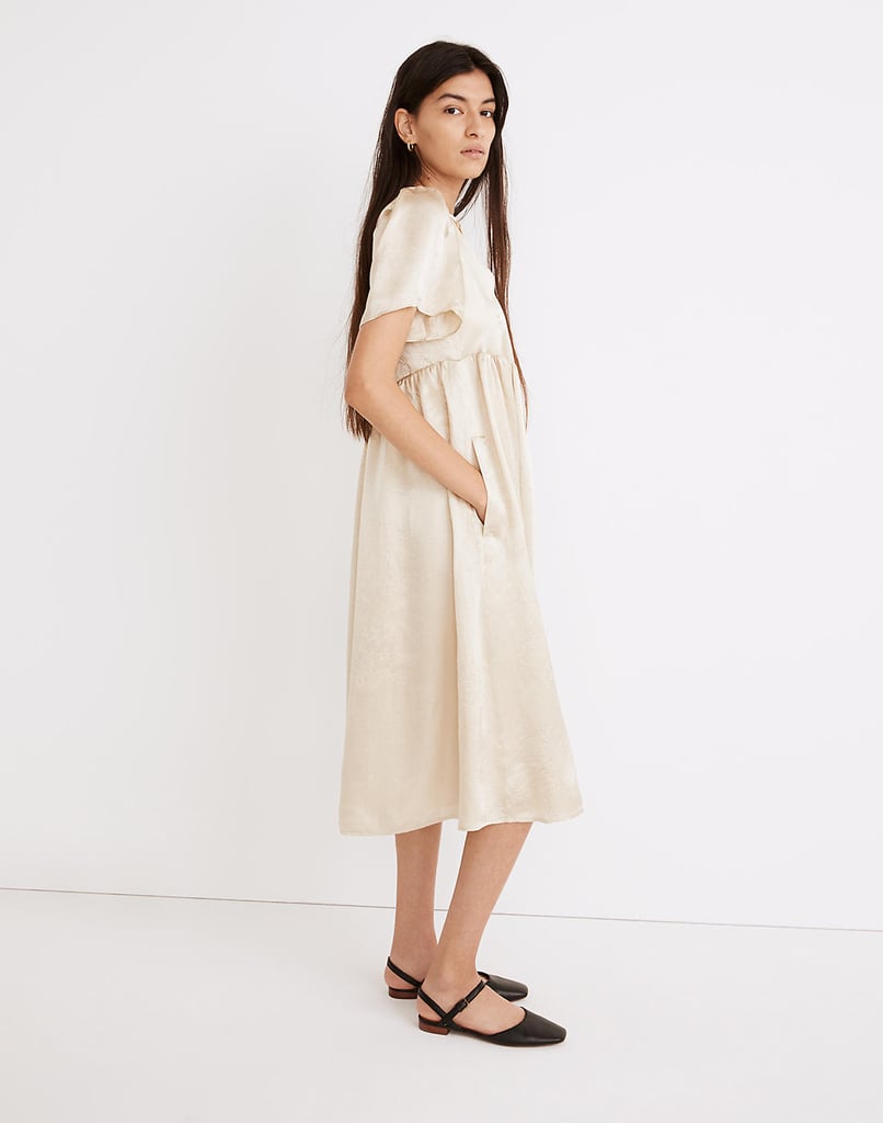 A Neutral Choice: Madewell Button-Front Puff-Sleeve V-Neck Midi Dress