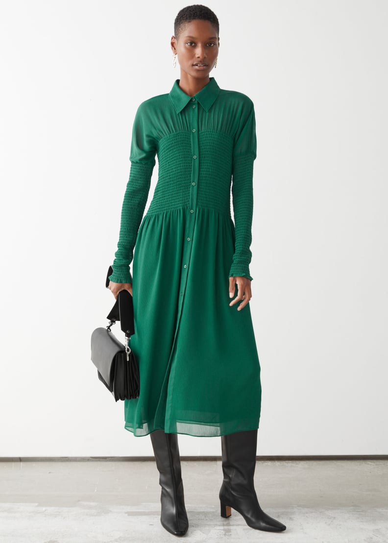 & Other Stories Smocked Button Up Midi Dress