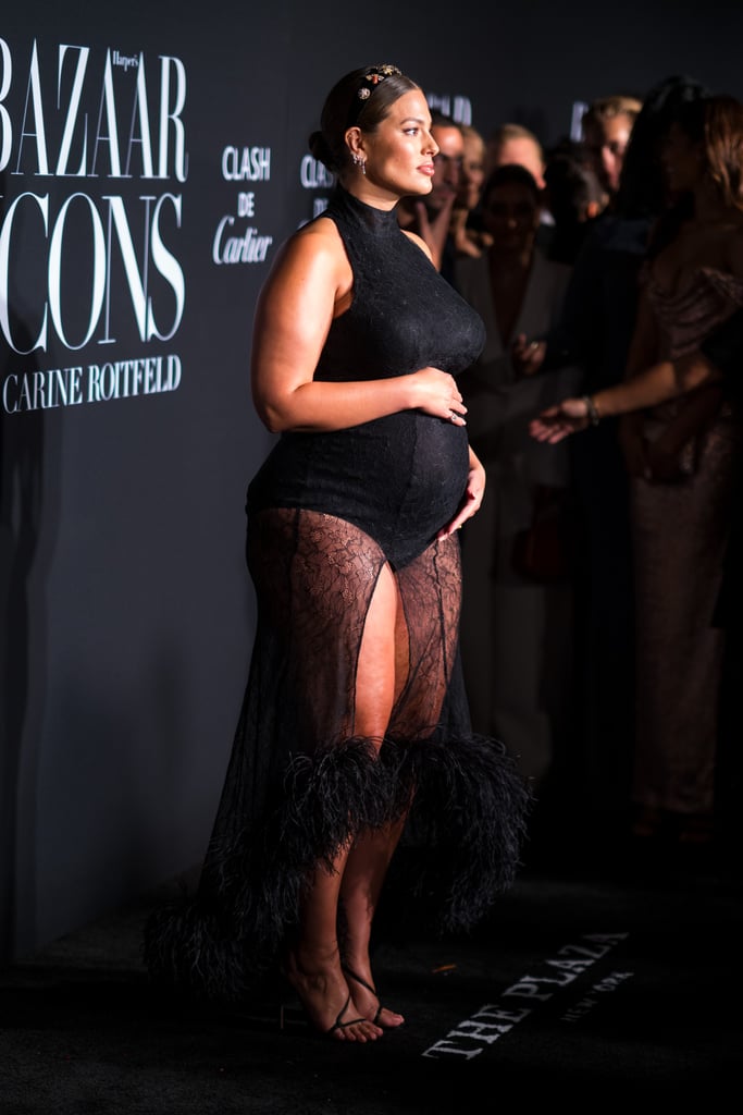 Ashley Graham Pregnant in Black Feather Dress By 16Arlington