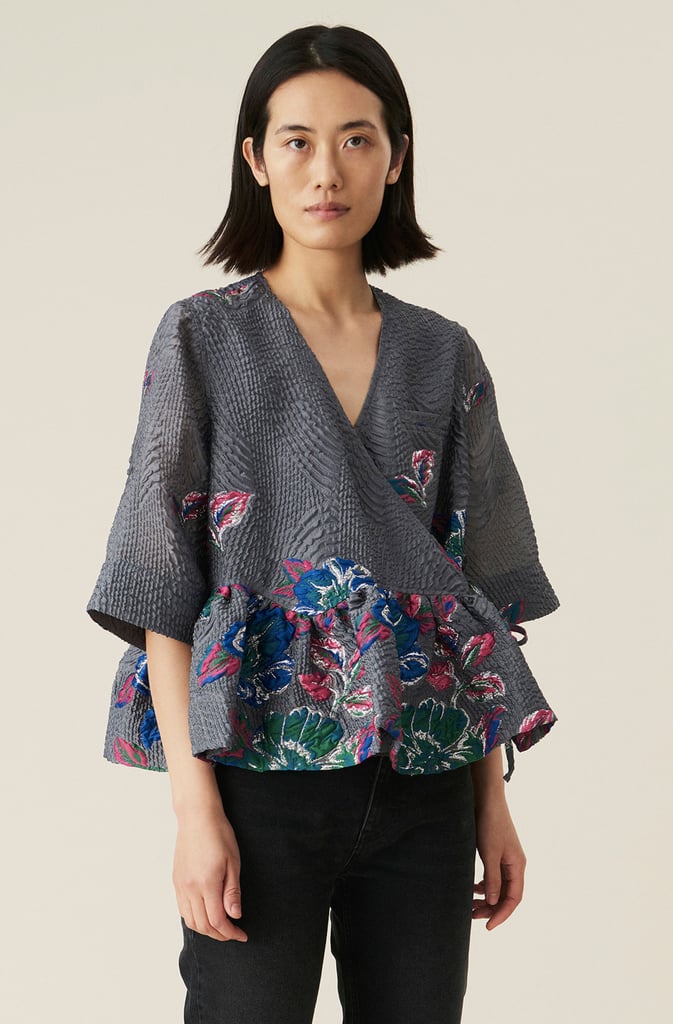 Ganni Crinkled Jacquard Oversized Ruffle Wrap Top