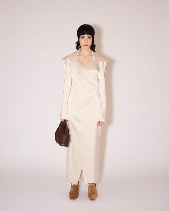 Nanushka Lanza Slip Satin Wrap Dress in Creme