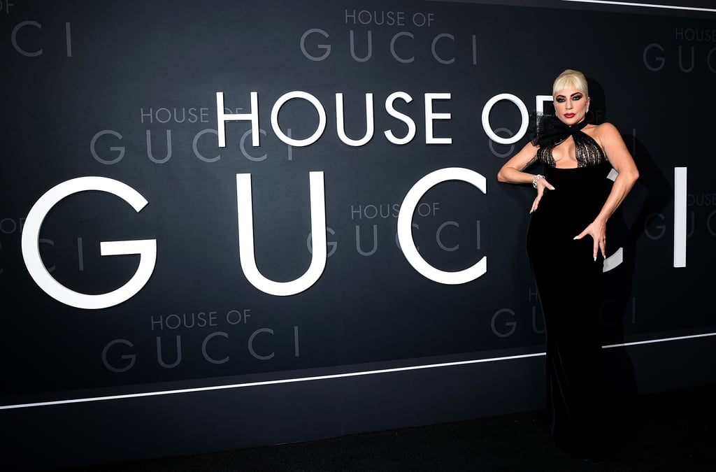 Lady Gaga Wears Velvet Dress With Sheer Polka Dot Halter Top