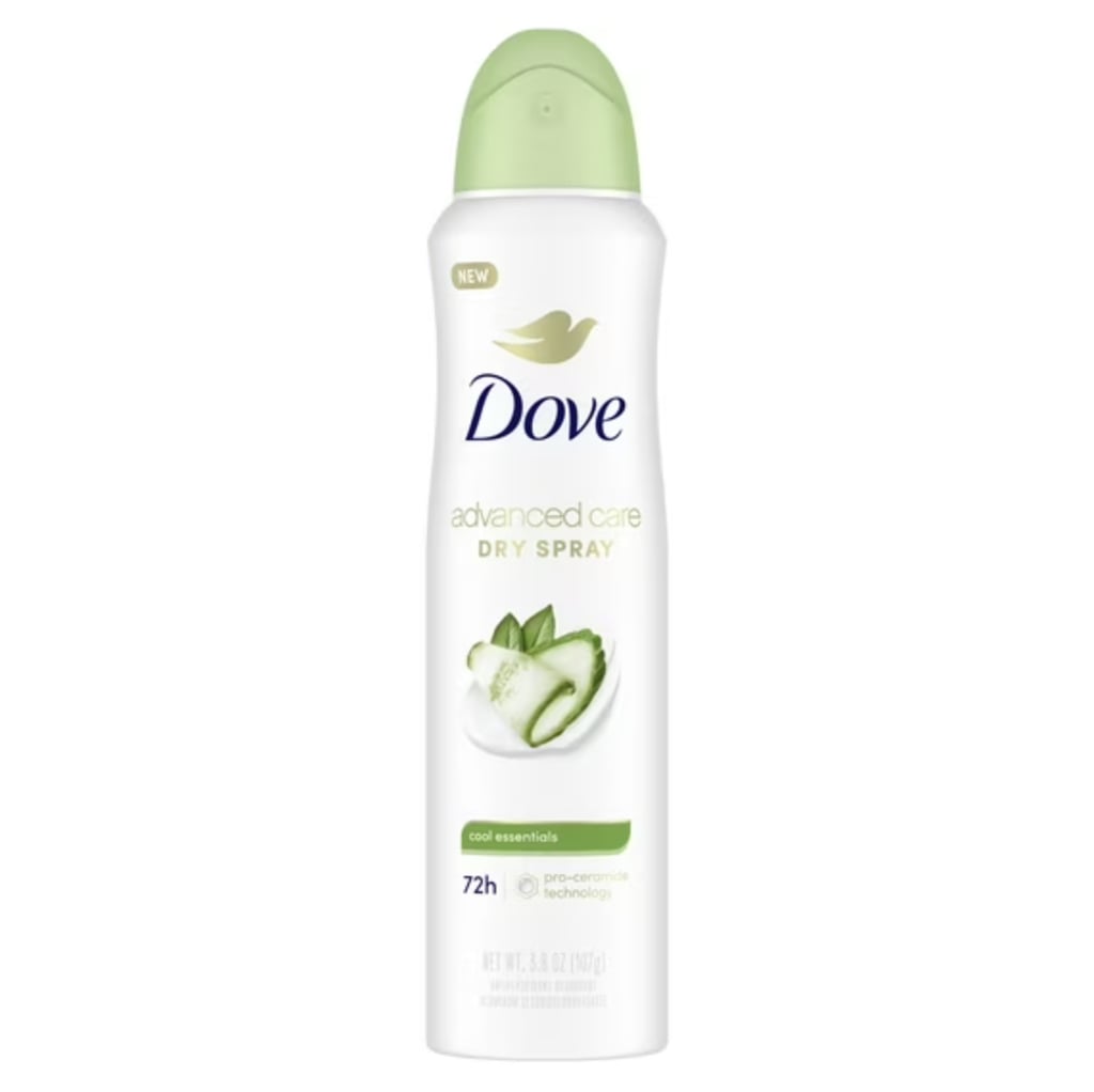Dove Advanced Care Antiperspirant Dry Spray in Cool Essentials ($9)
Tenniscore isn't just about the aesthetic; it's also about products that can survive an actual day of playing the sport — or watching tennis in the sun. This antiperspirant dry spray from Dove offers 72-hour odor and sweat protection while keeping your underarms smooth and impossibly soft. Even better, it smells like pear and cucumber.