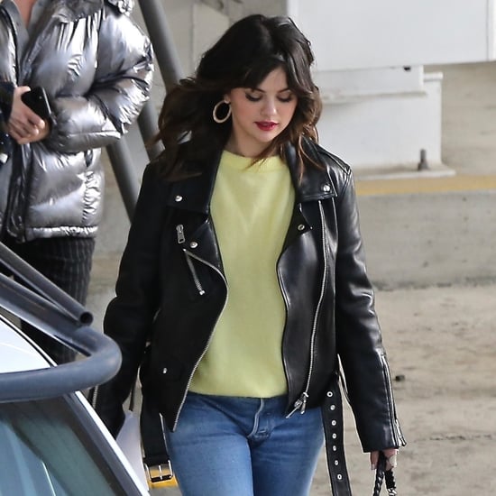 Selena Gomez Wearing Leather Jacket and Yellow Sweater
