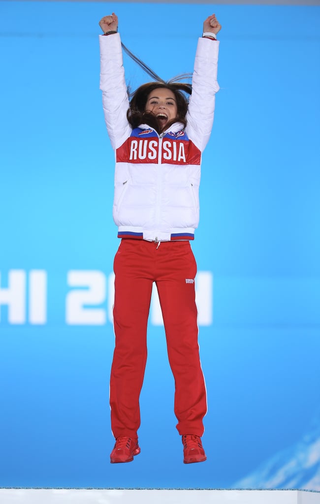 Gold medalist figure skater Adelina Sotnikova of Russia jumped for joy during the medal ceremony.