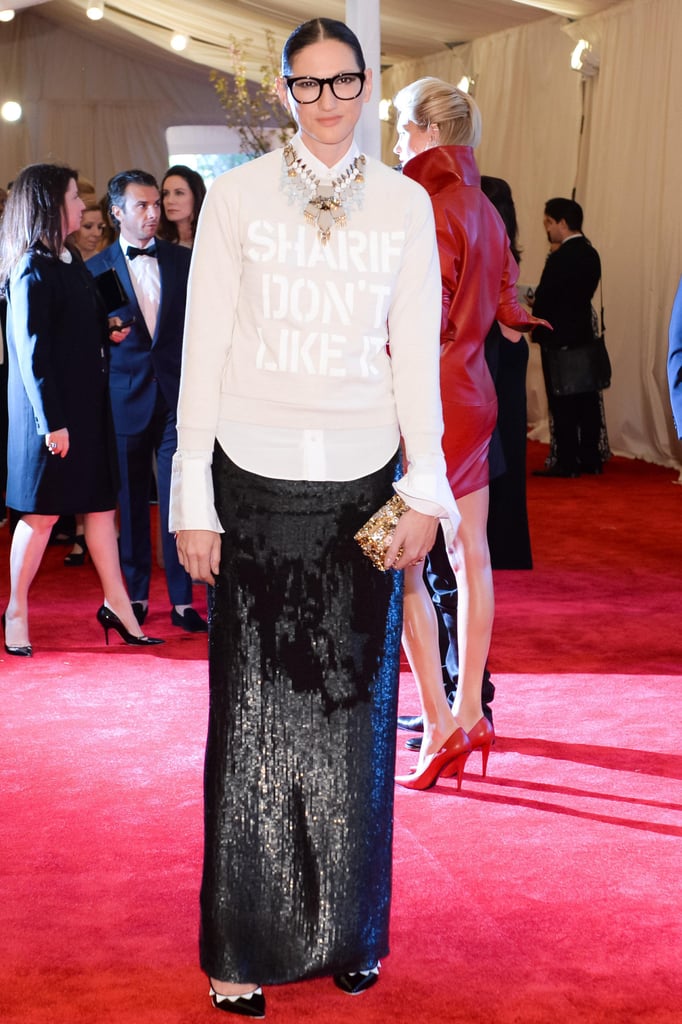 Lyons's brilliance comes through with her brave mix and matching. Sequin maxi skirt with button-down and layered tee at the Met Gala? No problem.
