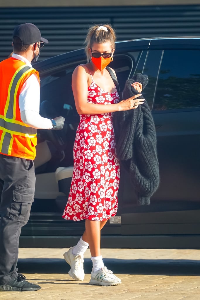 Hailey Bieber Wearing Red Floral Slip Dress and New Balances
