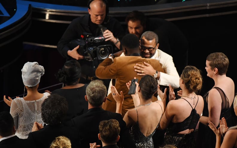 Jordan Peele got a hug from Daniel Kaluuya when he was announced as the best original screenplay winner for Get Out.
