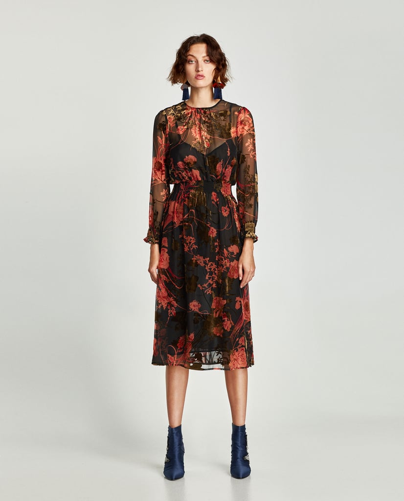 Florals and velvet are both totally on tap for Fall, and you'll nail both trends at once in this sultry Zara Midi Dress With Elastic Waist ($80).