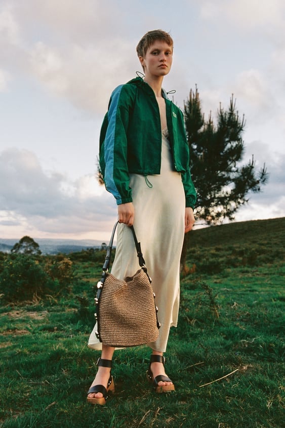 Zara Metallic Trim Woven Bucket Bag