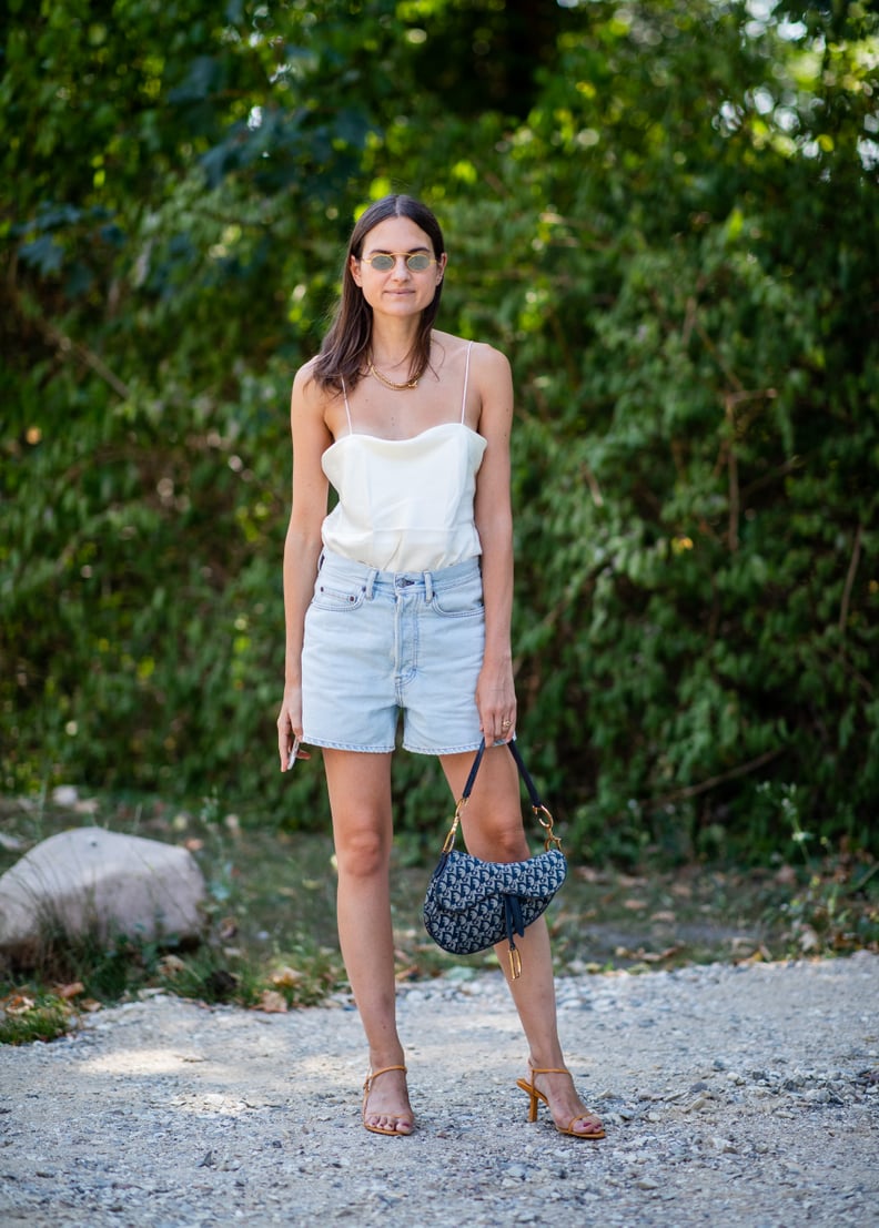 Style a Silk Cami With Denim Shorts and Neutral Heels