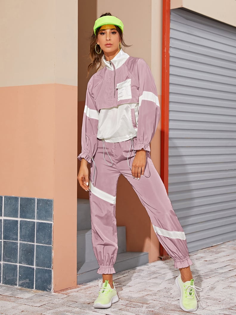 Shein Contrast Panel Drawstring Windbreaker Jacket & Sweatpants