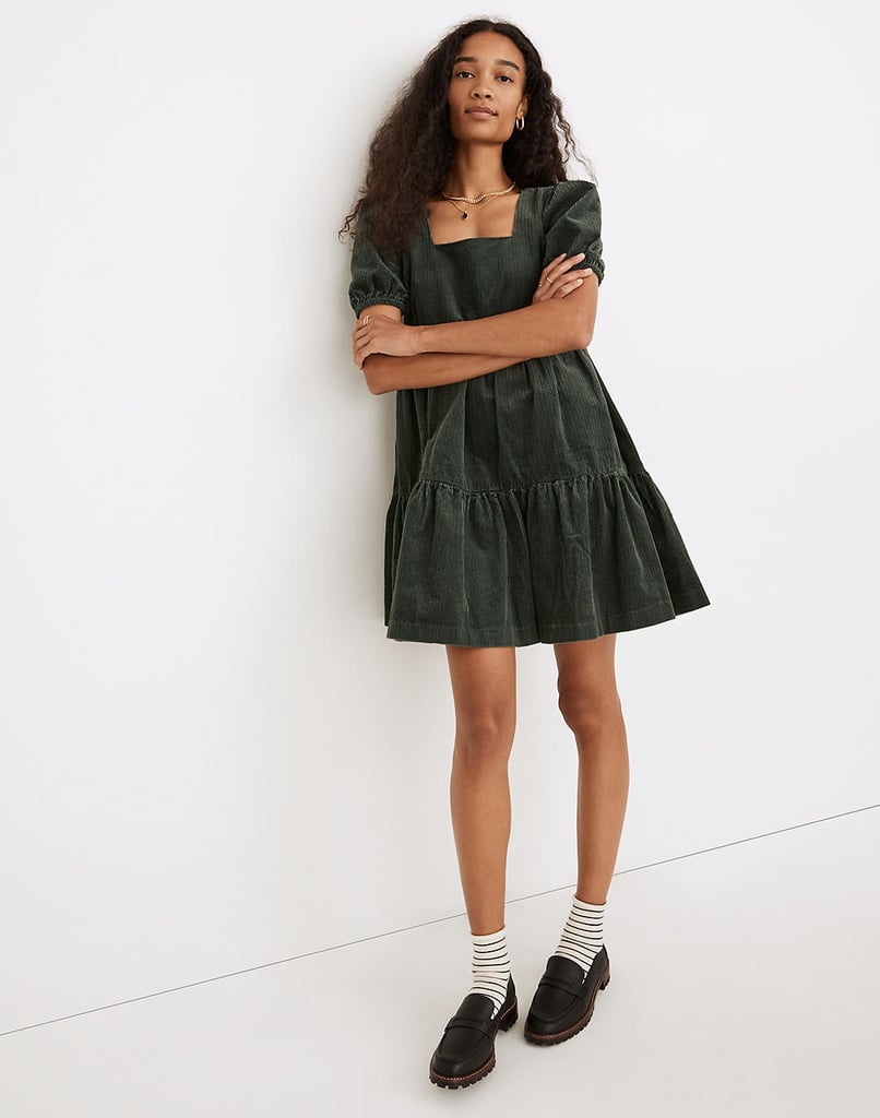 A Party Number: Corduroy Aidy Square-Neck Tiered Mini Dress