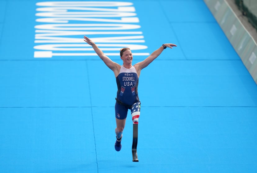 USA's Melissa Stockwell crosses the line to finish fifth in the Women's PTS2 Triathlon at the Odaiba Marine Park during day four of the Tokyo 2020 Paralympic Games in Japan. Picture date: Saturday August 28, 2021. (Photo by John Walton/PA Images via Getty