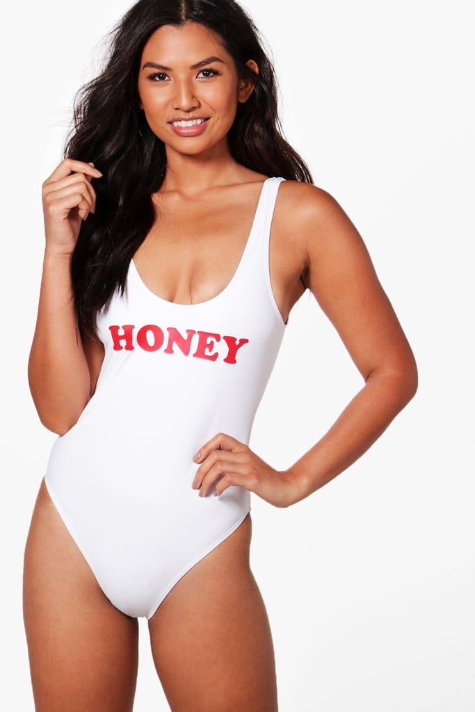 Boohoo Toronto Honey Slogan Scoop Swimsuit Hailey Baldwin's Gucci One