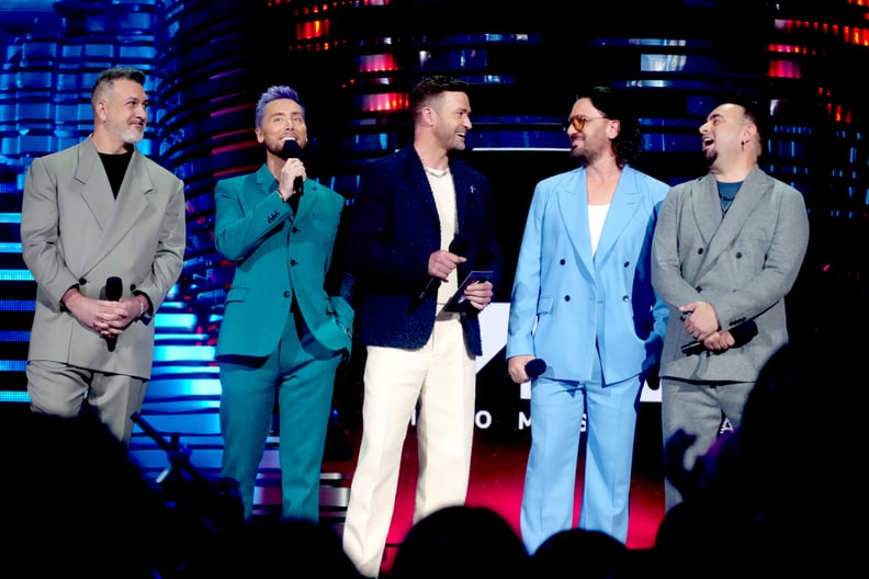 NEWARK, NEW JERSEY - SEPTEMBER 12: (L-R) Joey Fatone, Lance Bass, Justin Timberlake, JC Chasez and Chris Kirkpatrick of NSYNC speak onstage the 2023 MTV Video Music Awards at Prudential Center on September 12, 2023 in Newark, New Jersey. (Photo by Jeff Kr
