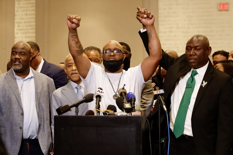 George Floyd's brother Terrence Floyd (C) holds up his hands with family lawyer Ben Crump (R) during a press conference following the verdict in the trial of former police officer Derek Chauvin in Minneapolis, Minnesota on April 20, 2021. - Derek Chauvin,